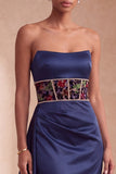 Navy Corset Satin Sheath Floral Strapless Ruched Long Formal Dress