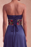 Navy Corset Satin Sheath Floral Strapless Ruched Long Formal Dress