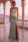 Floral Sage Green Corset Ruched Sheath Strapless Long Formal Dress with Slit