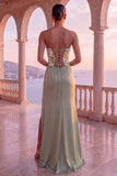 Floral Sage Green Corset Ruched Sheath Strapless Long Formal Dress with Slit