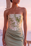 Floral Sage Green Corset Ruched Sheath Strapless Long Formal Dress with Slit