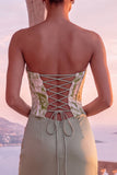 Floral Sage Green Corset Ruched Sheath Strapless Long Formal Dress with Slit