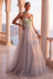 Light Grey Corset A-Line Organza Strapless Long Formal Dress with Neck Scarf
