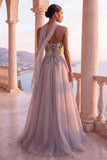 Light Grey Corset A-Line Organza Strapless Long Formal Dress with Neck Scarf