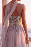 Light Grey Corset A-Line Organza Strapless Long Formal Dress with Neck Scarf