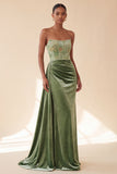 Green Corset Sheath Strapless Velvet Ruched Long Formal Dress with Side Streamer