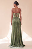 Green Corset Sheath Strapless Velvet Ruched Long Formal Dress with Side Streamer