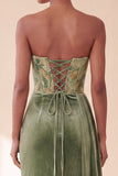 Green Corset Sheath Strapless Velvet Ruched Long Formal Dress with Side Streamer