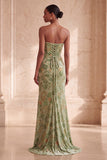Green Mermaid Strapless Slit Ruched Long Formal Dress with Slit