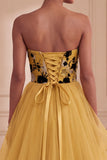 Ginger Yellow Strapless A-Line Tiered Printed Long Formal Dress