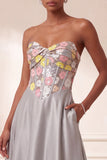 Grey Corset Strapless Satin Floral Ruched Sequins Long Formal Dress with Pockets