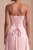 Strapless Pink Satin A-Line Ruched Long Formal Dress