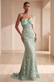 Sage Green Corset Mermaid Strapless Feathered Sequins Long Formal Dress with Bow