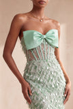 Sage Green Corset Mermaid Strapless Feathered Sequins Long Formal Dress with Bow