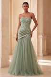 Strapless Sage Green A-Line Tulle Feathered Sequins Long Formal Dress with Draping