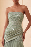 Strapless Sage Green A-Line Tulle Feathered Sequins Long Formal Dress with Draping