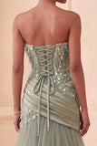 Strapless Sage Green A-Line Tulle Feathered Sequins Long Formal Dress with Draping