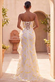 Strapless Ivory Mermaid Ruffled Ruched Slit Long Formal Dress with Sweep Train