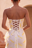 Strapless Ivory Mermaid Ruffled Ruched Slit Long Formal Dress with Sweep Train