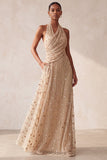 Khaki A-Line Halter Ruched Sequins Beaded Long Formal Dress with Pockets