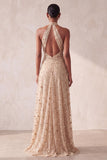 Khaki A-Line Halter Ruched Sequins Beaded Long Formal Dress with Pockets