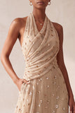 Khaki A-Line Halter Ruched Sequins Beaded Long Formal Dress with Pockets