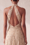 Khaki A-Line Halter Ruched Sequins Beaded Long Formal Dress with Pockets