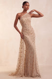 Khaki One Shoulder Sheath Sequins Beaded Ruched Long Formal Dress with Sweep Train