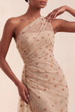 Khaki One Shoulder Sheath Sequins Beaded Ruched Long Formal Dress with Sweep Train