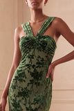 Eucalyptus Sheath Ruched Velvet Floral Long Formal Dress
