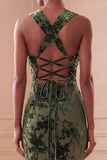 Eucalyptus Sheath Ruched Velvet Floral Long Formal Dress