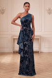 Navy Sheath One Shoulder Velvet Ruched Long Formal Dress with Ruffles
