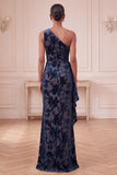 Navy Sheath One Shoulder Velvet Ruched Long Formal Dress with Ruffles