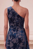 Navy Sheath One Shoulder Velvet Ruched Long Formal Dress with Ruffles