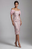 Light Pink Sheath Off the Shoulder Pearls Midi Mother of the Bride Dress