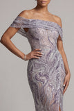 Lilac Sheath Off the Shoulder Sequins Side Slit Maxi Mother of the Bride Dress
