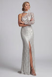 Grey Sheath One Shoulder Sequins Maxi Mother of the Bride Dress with Side Slit