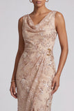 Champagne Sheath Cowl Neck Ruched Midi Mother of the Bride Dress with Side Slit