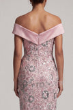 Light Pink Sheath Off the Shoulder Sequins Tea-Length Mother of the Bride Dress with Draping