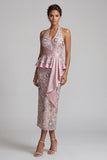 Light Pink Sheath Halter Draping Sequins Midi Mother of the Bride Dress