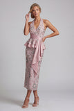Light Pink Sheath Halter Draping Sequins Midi Mother of the Bride Dress