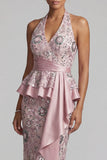 Light Pink Sheath Halter Draping Sequins Midi Mother of the Bride Dress