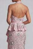 Light Pink Sheath Halter Draping Sequins Midi Mother of the Bride Dress