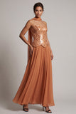 Bronzer Sequins Chiffon Strapless Beaded Long Mother of the Bride Dress with Draping