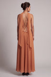Bronzer Sequins Chiffon Strapless Beaded Long Mother of the Bride Dress with Draping