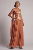 Bronzer Sequins Chiffon Strapless Beaded Long Mother of the Bride Dress with Draping