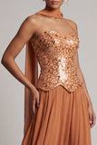 Bronzer Sequins Chiffon Strapless Beaded Long Mother of the Bride Dress with Draping