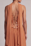 Bronzer Sequins Chiffon Strapless Beaded Long Mother of the Bride Dress with Draping