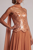 Bronzer Sequins Chiffon Strapless Beaded Long Mother of the Bride Dress with Draping