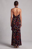Black Halter Neck Velvet Floral Long Sheath Mother of the Bride Dress with Side Ruffle
